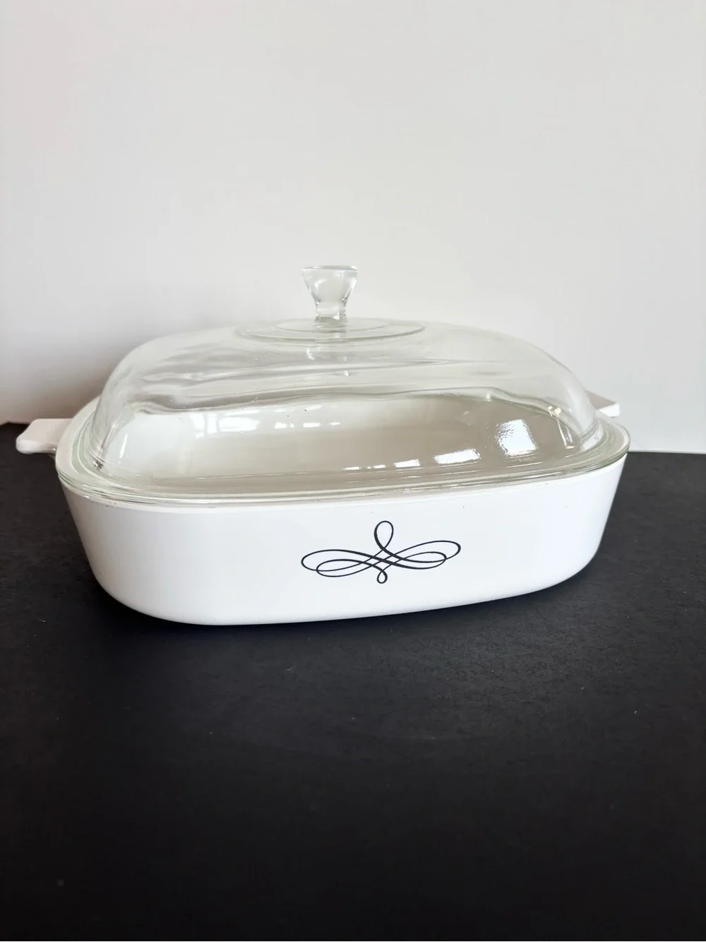 Vintage Corning Ware Black Trefoil Scroll Casserole Dish with Glass Lid